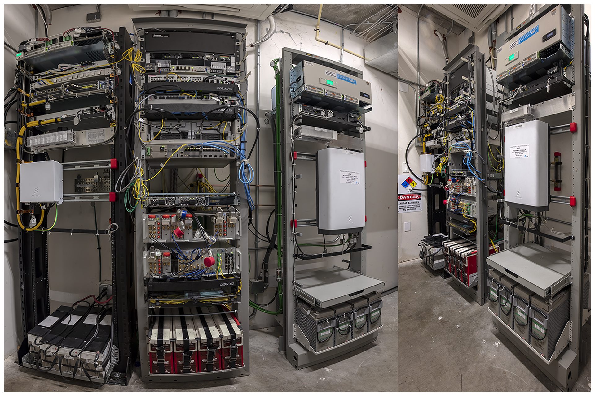 Above head-end in a dedicated room features the backbone equipment for our cellular signal enhancement for this venue and over 1000 residents and employees.  Racks also contain all carrier signal source equipment from AT&T, T-Mobile, and Verizon so that the venue no longer relies on ambient off air carrier signal.