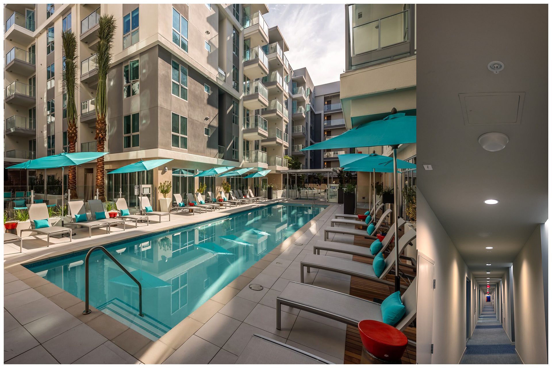 Expansive outdoor Courtyards & Pool Areas also featured cellular signal as well as WiFi. All 400 Residential units received cellular signal from antennas installed in hallways (see right side photo) so as to provide easy access for service. Fiber-based signal source from carriers ensures unlimited capacity for the 1000 plus residents, visitors and employees at the venue.