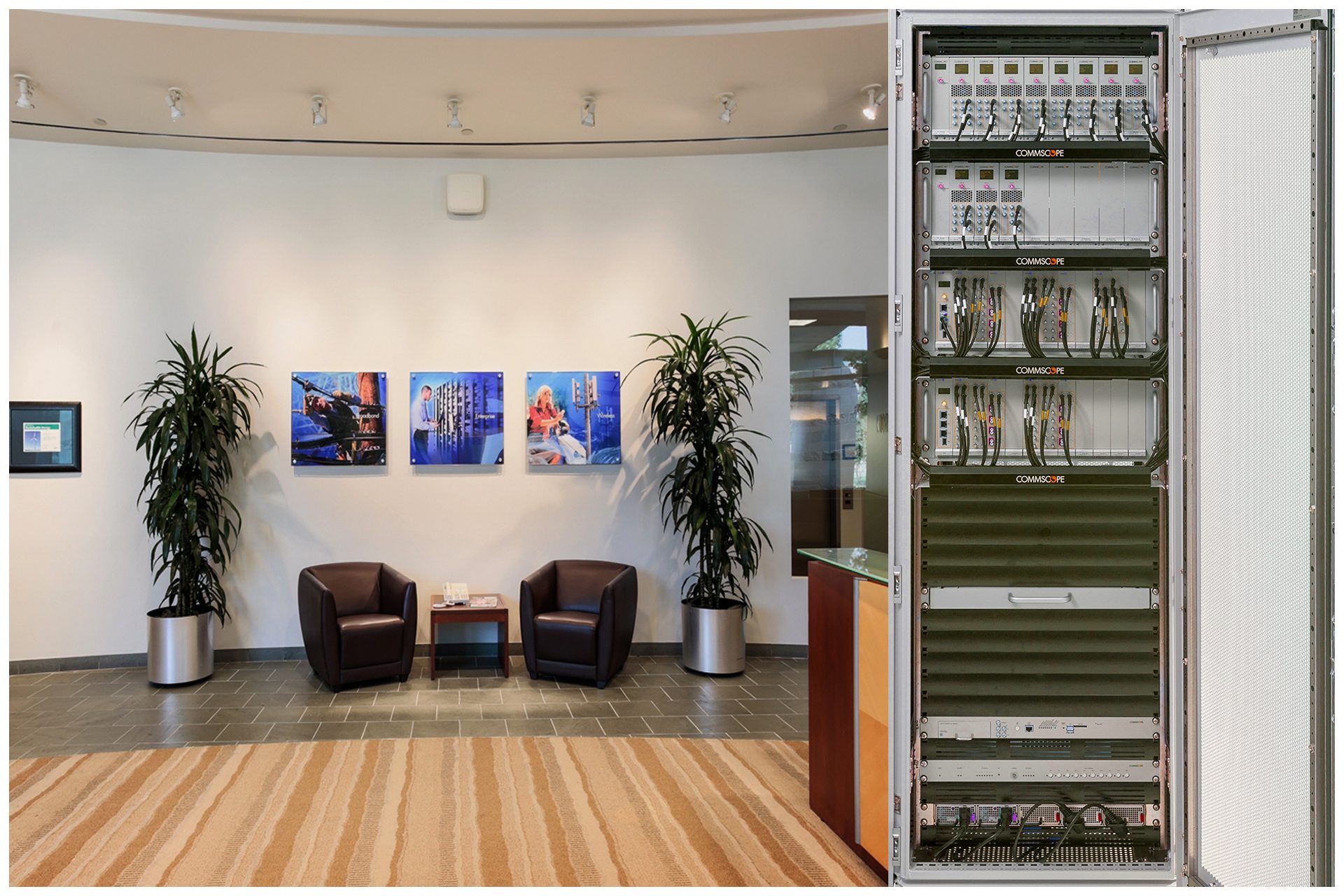 ION-E Cell stations cover a large indoor area and can be mounted on-wall or on-ceiling as shown in above photo. Signal from all three major carriers celluar is made accessible to residents and visitors on all levels.  Rack on the left shows main system gear at the head-end location.