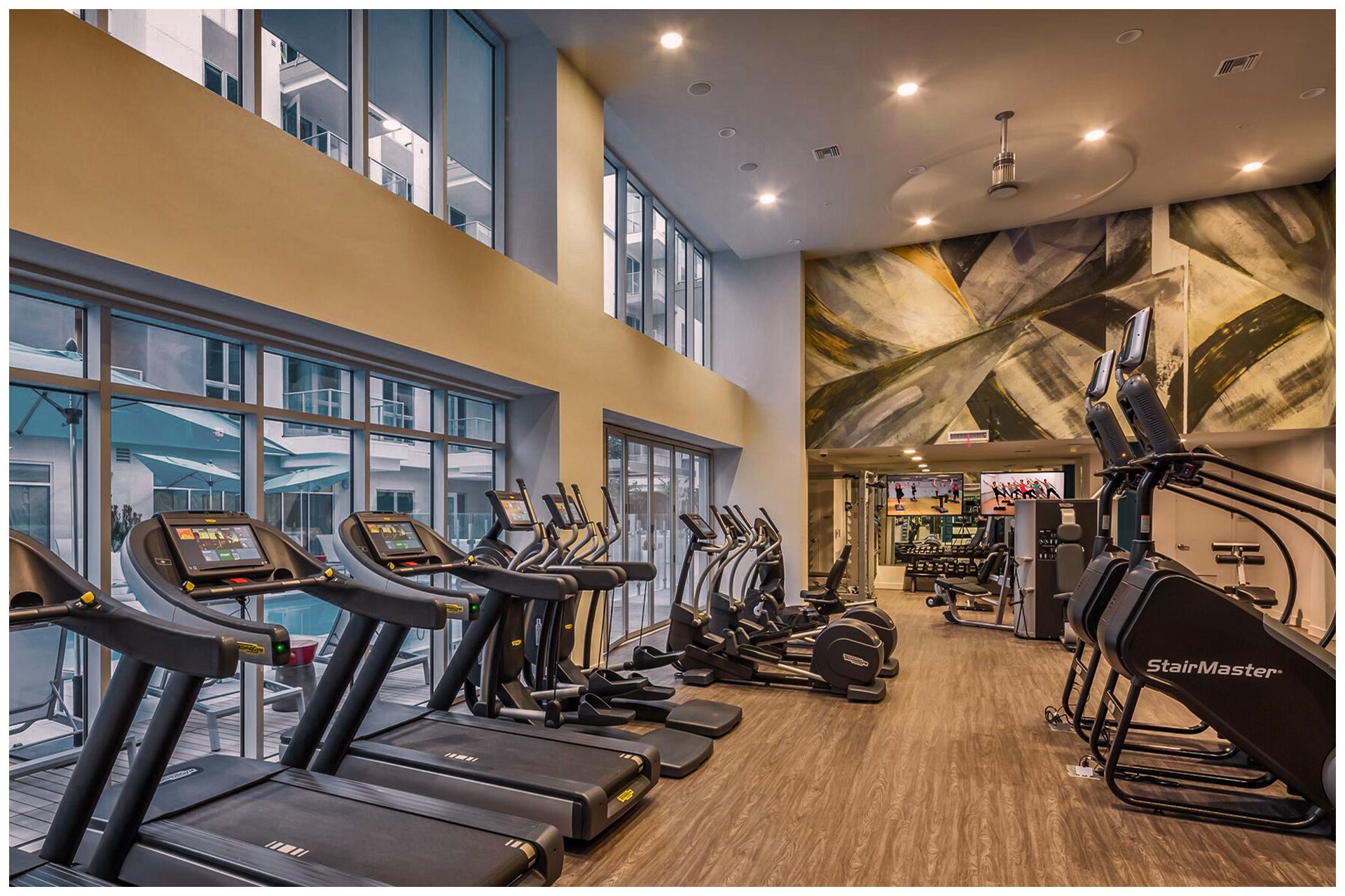 GYM AV PROVISIONSGym Audio Video & Enterprise Grade WiFi. Audio Video provisions are controlled via an in-room wall-mounted iPad and remotely from leasing office iPad.