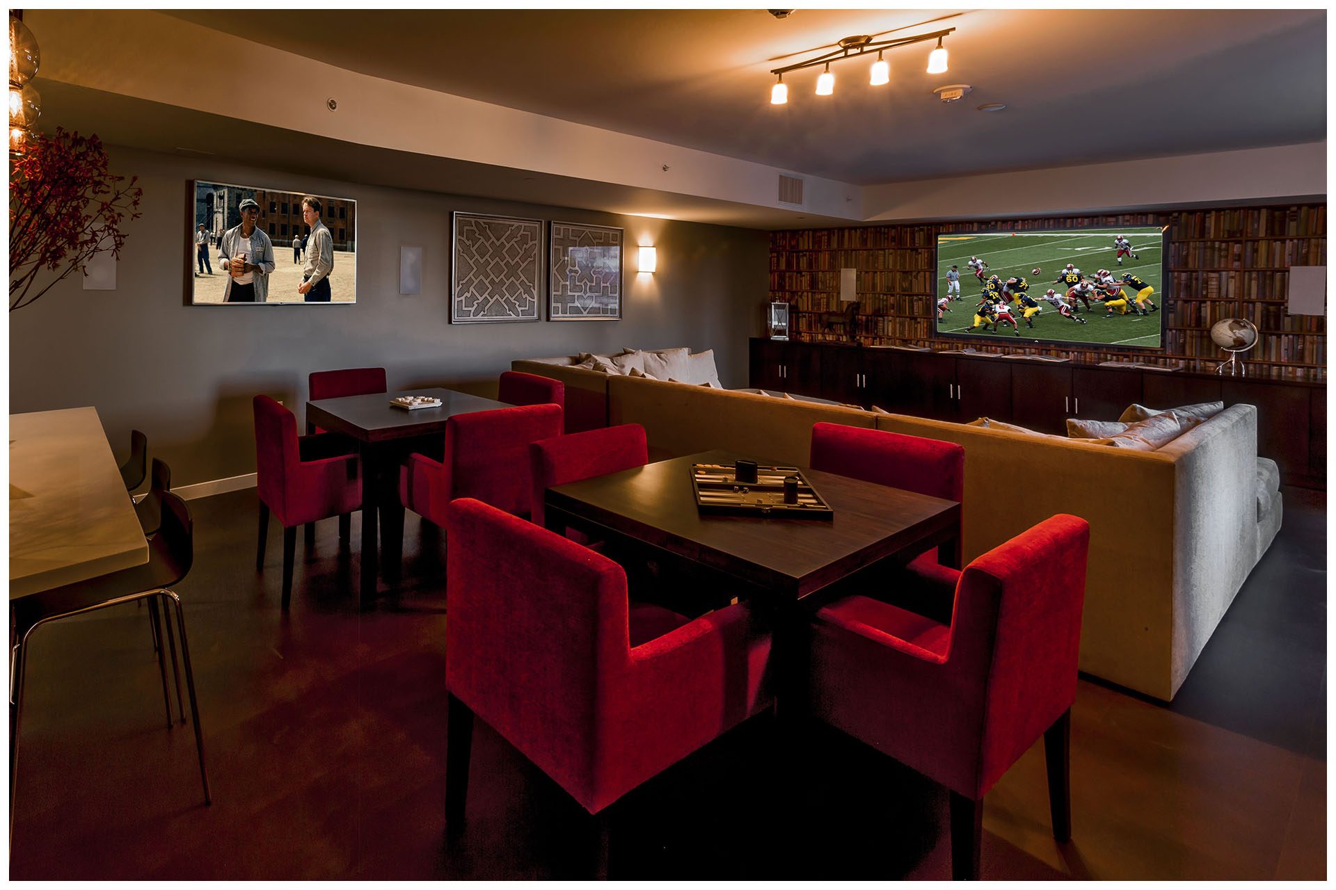 LOUNGE PROVISIONSBusiness Lounge or Game Lounge Audio Video Provisions & Enterprise Grade WiFi. Audio Video provisions are controlled via an in-room wall-mounted iPad and remotely from leasing office iPad. In-room iPad allows a limited range of volume change for music.