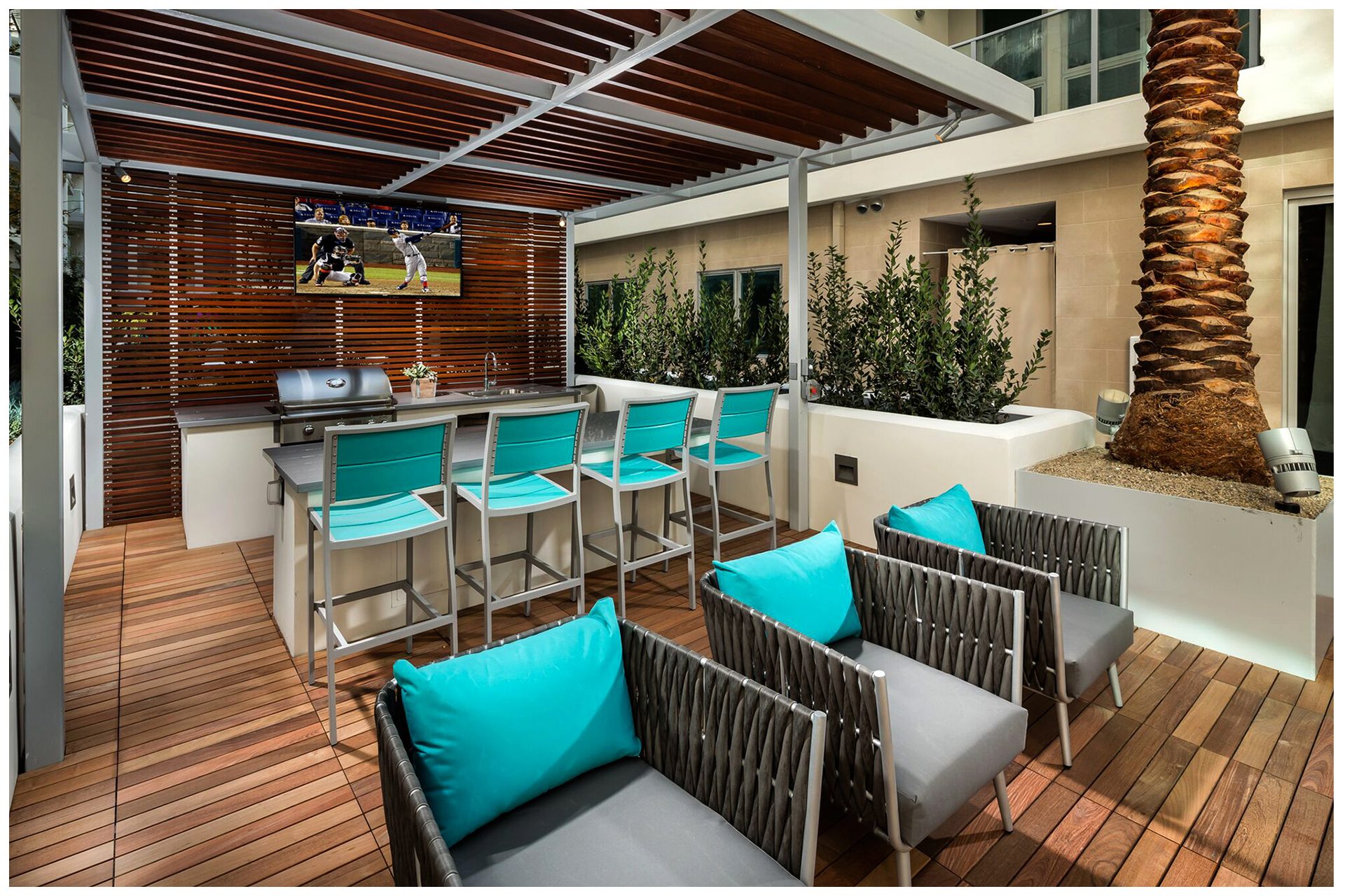 COURTYARD, POOL AREA, & SKY BRIDGE PROVISIONSCourtyard, Pool Area, & Sky Deck Audio Video & Enterprise Grade WiFi. Audio Video provisions are controlled via a nearby wall-mounted iPad and remotely from leasing office iPad. Local iPad allows a limited range of volume change for music.