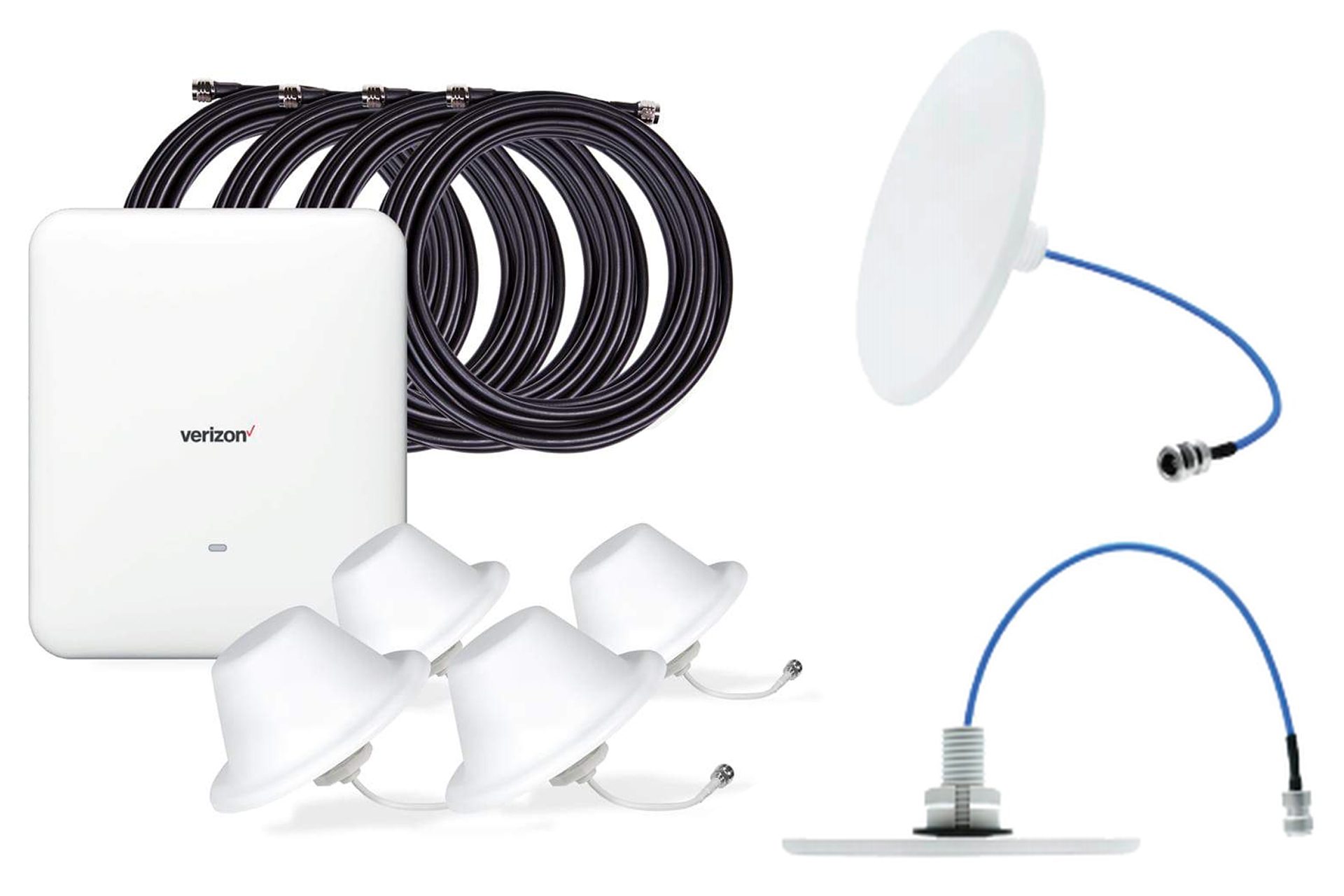 Cell station coverage may be extended with the use of additoinal antennas to evenly distribute signal to varios areas of larger residences.  Above is a Verizon cell station shown with four indoor ceiling antennas and its GPS device.  On the left side of the photo a thinner, more aesthetically pleasing antenna is shown as an alternative.