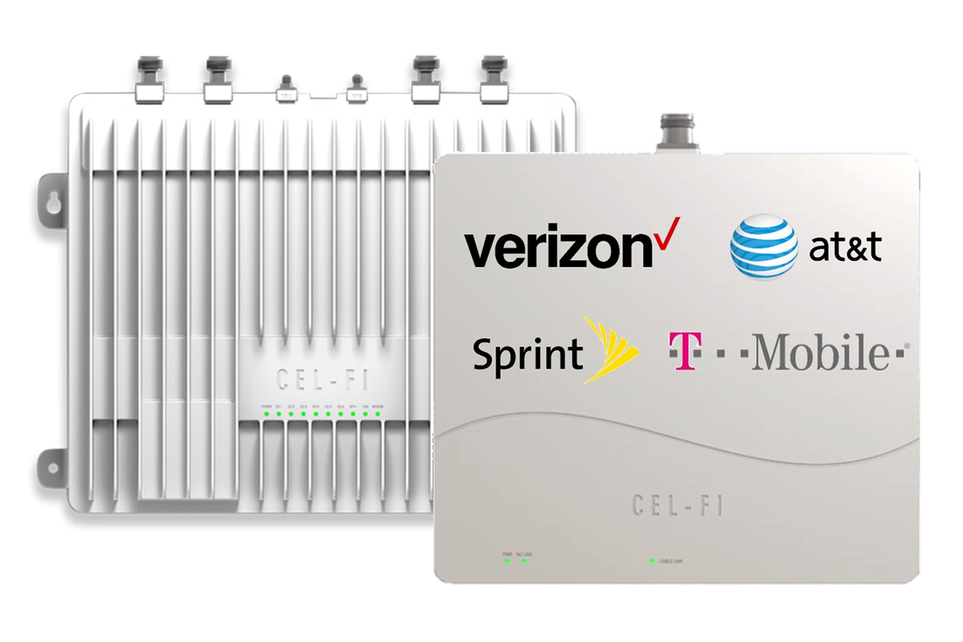 Nextivity Cel-Fi systems - see two models in above - can receive cellular signal for multiple carriers and send the combined signal to to multiple antennas throughout the residence.