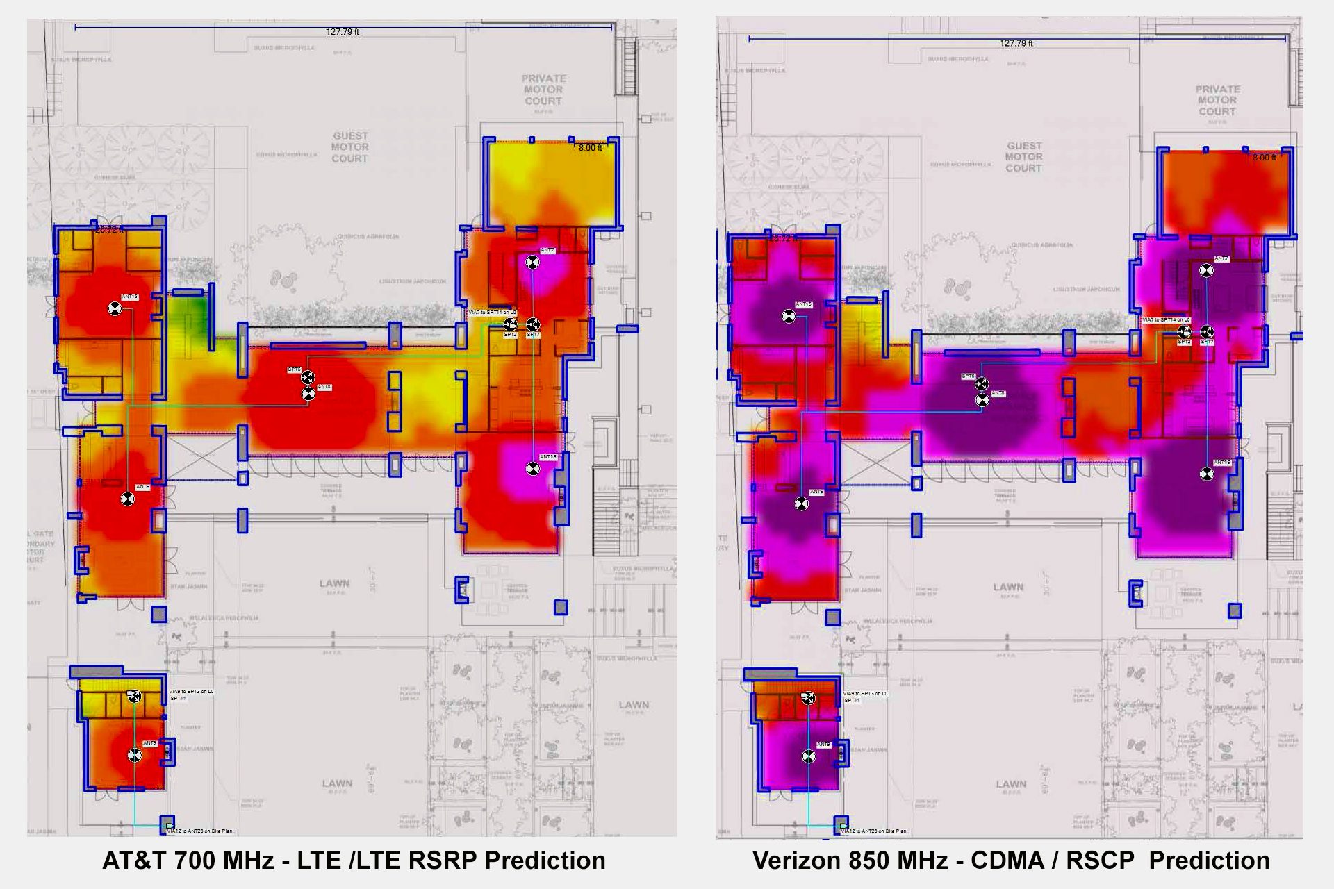 Engineered designs are based on heat maps rendered on architectural plans.  With construction materials marked onto architectural plans, iBwave software will reflect singnal strengths generated  per carrier signal band once all devices are tweaked in the final configuration.  Above is a rendition of generated signals for two Verizon and AT&T signal groups based on placements shown for antennas, indicating consistent coverage throughout the space.