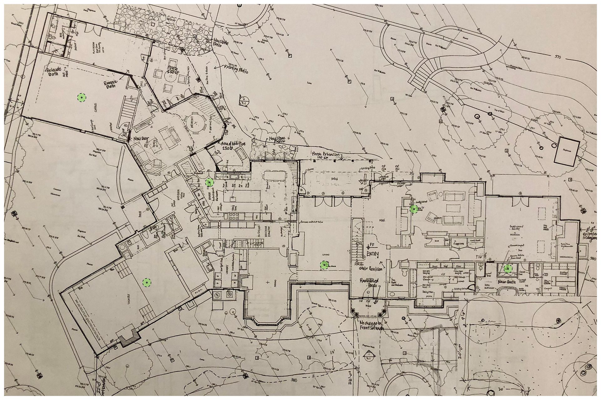 Access Points Deployment PlanPhoto above shows six access points to be deployed on the first floor or a large residence. A proprietary computer software will examine the above deployment, take into account construction type/material for the space, and predict coverage the client may expect in a rendition shown on the next slide.