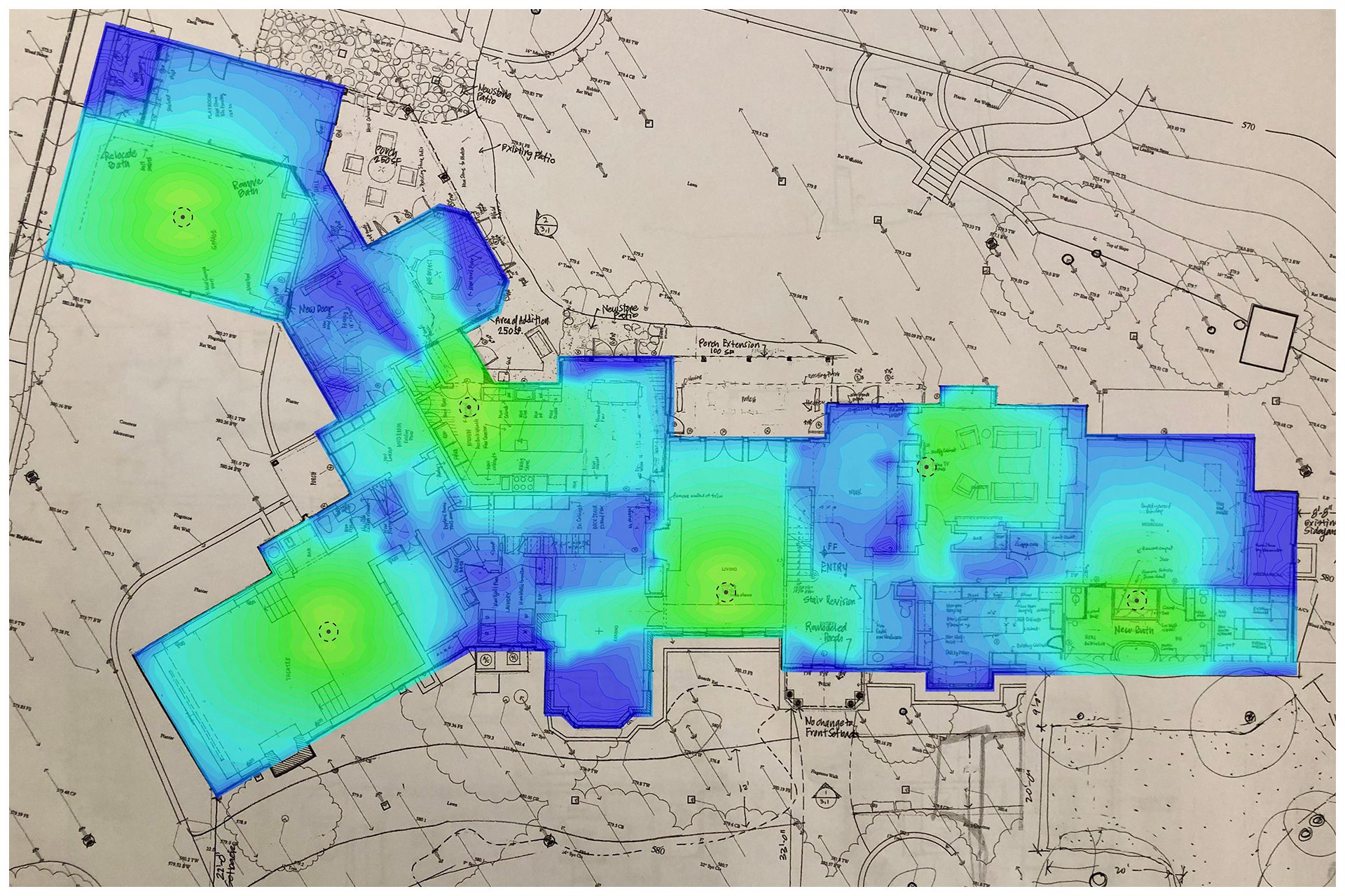 Heat Map Indicating Coverage StrengthThe above rendition is a heat-map for coverage achieved for the six access points on this residential floor.  Green and blue indicate excellent to good coverage on this floor.