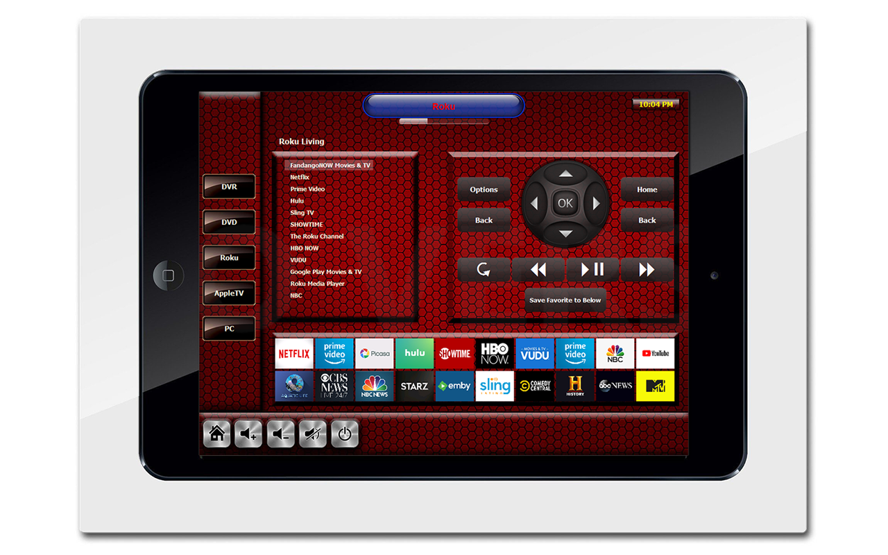 RTI INTEGRATIONA wall-mounted iPad can be included in an RTI control system and feature the same artwork used on RTI touch panels.  Above is an example of a wall-mount iPad offering control of a Roku media player with custom button's for client's favorite channels.