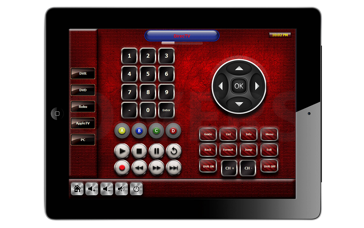 RTI INTEGRATIONA floating iPad may also feature the same artwork on RTI touch panels and serve as a device to use in different areas of the residence. Above is an example of an iPad interface for control of a DVD player.