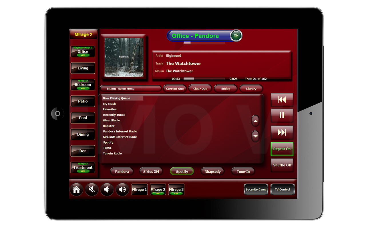 RTI INTEGRATIONAn RTI Control system may include a floating iPad that may be used in various areas or the residence. This is especially useful when using an audio source outdoors or while entertaining and needing an interface nearby for choice of Music.Above ipad features control of 8 zones of audio.The zones shown on the left side of the panel also feature what zone is active and what source in playing in those zones. The three sources (Mirage streaming devices) shown at the bottom also offer feedback as to whether they are in use. Music data and artwork as well as choice of streaming accounts in the also featured.