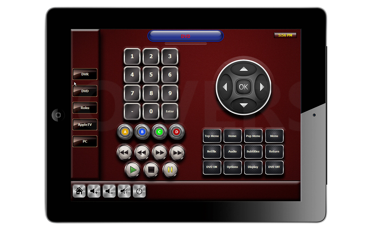 RTI INTEGRATIONRTI Integration may also feature the same artwork on RTI touch panels and serve as table-top or wall mount interfaces.  Above is an example of an iPad interface for control of a DVD player.