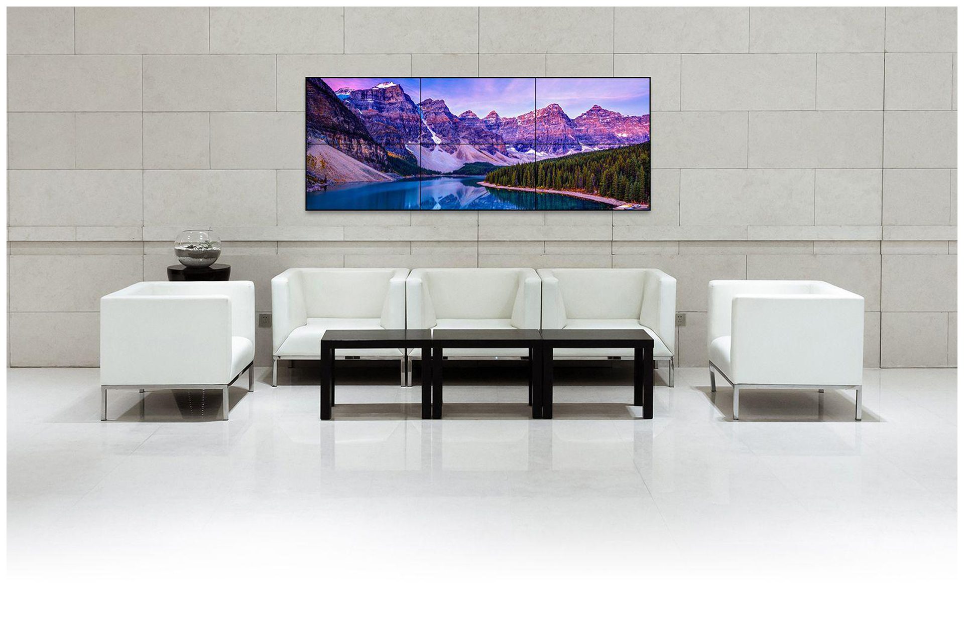 VIDEO WALL DIGITAL SIGNAGE FOR LOBBY PICTURE DISPLAYS  Above Custom size 3x2 Video Wall Display Signage delivers wide format photo slides for a media server.  Photos can be changed by simply adding new content to a photo folder.